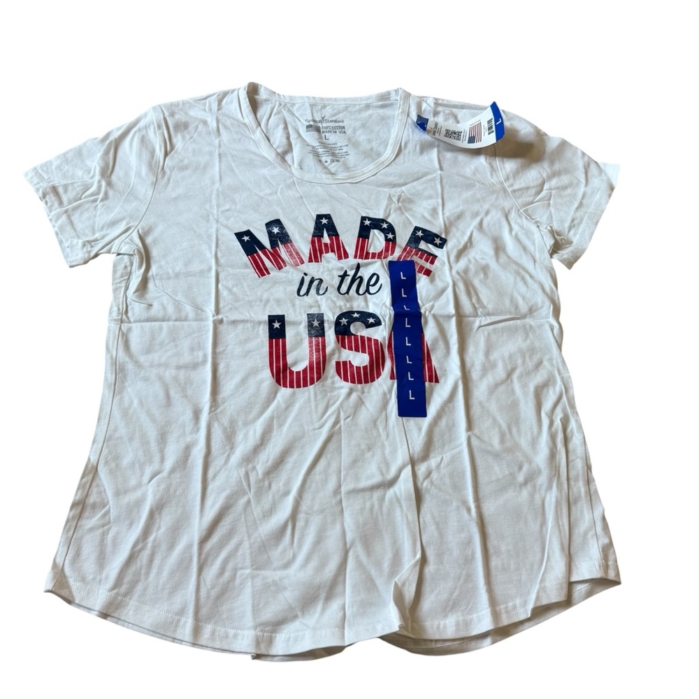 NWT Women’s White 'Made in the‎ USA' T-Shirt Crewneck Size L Holidays Summer